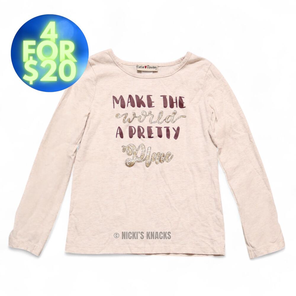 4/$20 - Satin Flowers Girls Long Sleeve Inspirational T-Shirt Cream Size 7/8